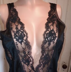 Vintage lingerie teddy sheer lace floral print snaps L 100% nylon chemise Y2K VS